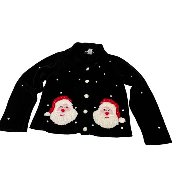 Christopher Radko Vtg Santa Chenille Cardigan, Black, S - Picture 4 of 7